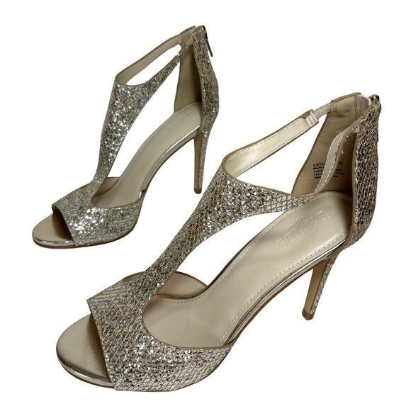 David's Bridal Women Stiletto Heeled Sandal Sz 9.5 Gold Glitter T Strap Open Toe - Picture 1 of 9